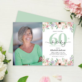 パステルカラーの花の60歳の誕生日パーティー写真入り 招待状