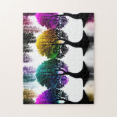 パステルカラーの葉を持つ黒いシルエットの木 ジグソーパズル (縦)