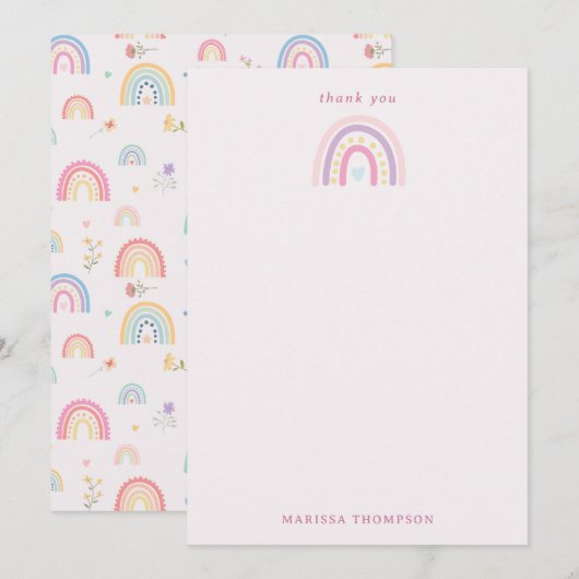パステルカラーの虹と花とハートのデザイン サンキューカード (正面/裏面)