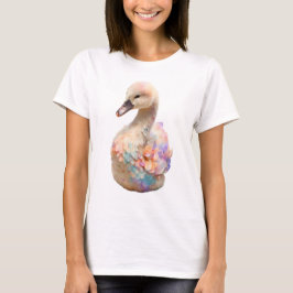 パステルカラーの虹色のシグネット 水彩の白鳥 女性 Tシャツ