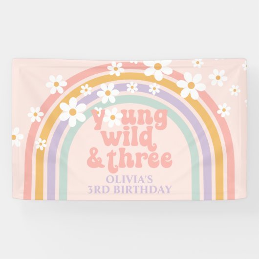 パステルカラーの虹+ヤング+ワイルド+スリー 3歳の誕生日 横断幕 (横)