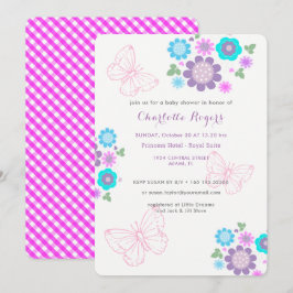 パステルカラーの蝶々と花のブーケのベイビーシャワー 招待状