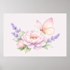 パステルカラーの蝶と芍薬の水彩画 - やさしい花柄 ポスター