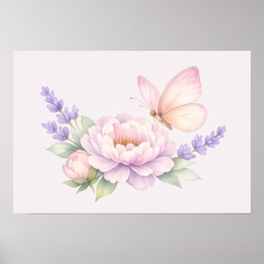 パステルカラーの蝶と芍薬の水彩画 - やさしい花柄 ポスター (正面)