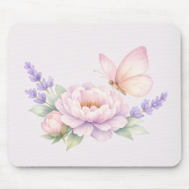 パステルカラーの蝶と芍薬の水彩画 - やさしい花柄 マウスパッド