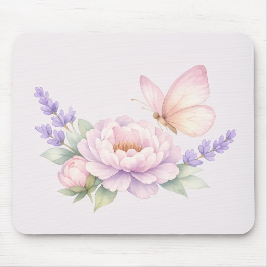 パステルカラーの蝶と芍薬の水彩画 - やさしい花柄 マウスパッド (正面)