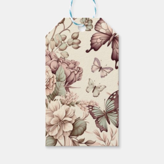 パステルカラーの蝶と花の装飾 ギフトタグ (正面)
