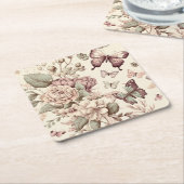 パステルカラーの蝶と花の装飾 スクエアペーパーコースター (アングル)