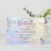 パステルカラーの蝶の女の子の1歳の誕生日 招待状 (スタンド正面)