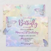 パステルカラーの蝶の女の子の1歳の誕生日 招待状 (正面/裏面)