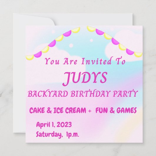 パステルカラーの裏庭バースデーパーティー招待状 招待状 (正面)