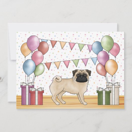 パステルカラーの誕生日をテーマにしたフォーン・パグの漫画 招待状 (正面)