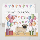 パステルカラーの誕生日をテーマにしたフォーン・パグの漫画 招待状 (正面/裏面)