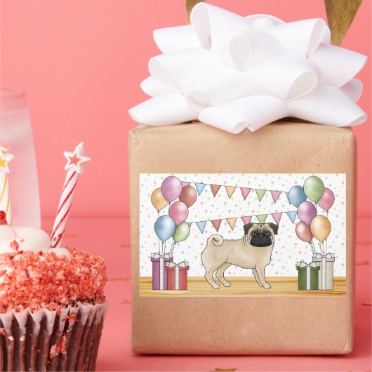 パステルカラーの誕生日バルーンとフォーン・パグ 長方形シール (パーティー)