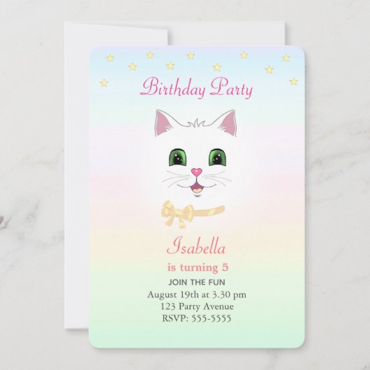 パステルカラーの誕生日 猫と星 招待状 (正面)