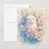パステルカラーの野の花の草原の愛らしい白いカワウソ ポストカード (正面/裏面)