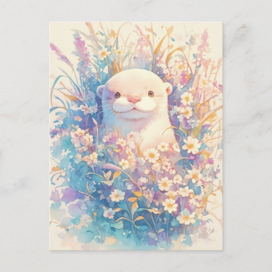 パステルカラーの野の花の草原の愛らしい白いカワウソ ポストカード (正面)