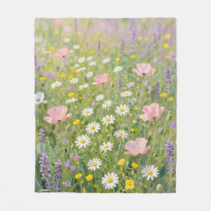 パステルカラーの野の花の草原の絵 フリースブランケット
