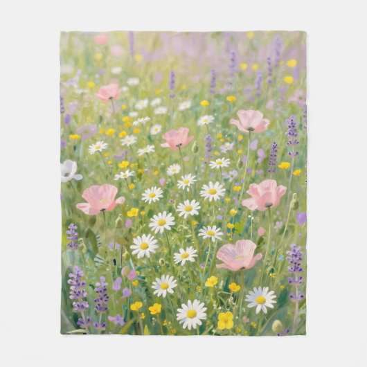 パステルカラーの野の花の草原の絵 フリースブランケット (正面)