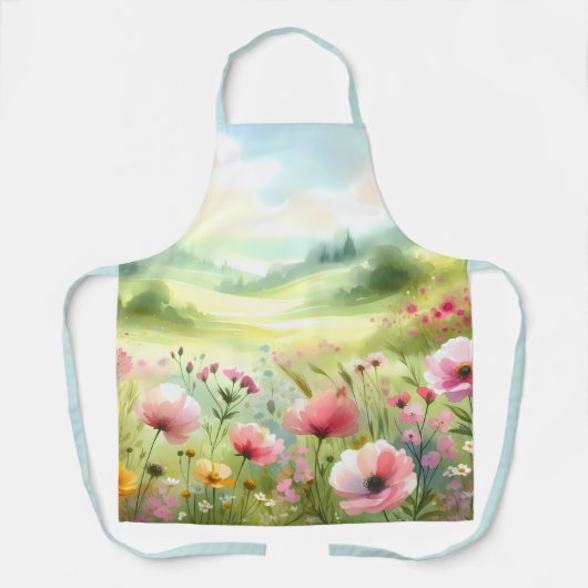 パステルカラーの野の花の草原風景 エプロン (正面)