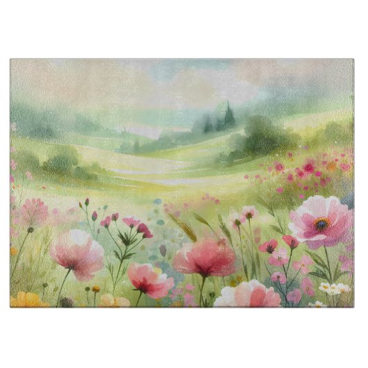 パステルカラーの野の花の草原風景 カッティングボード (正面)