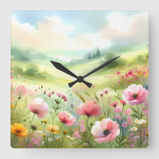 パステルカラーの野の花の草原風景 スクエア壁時計 (正面)