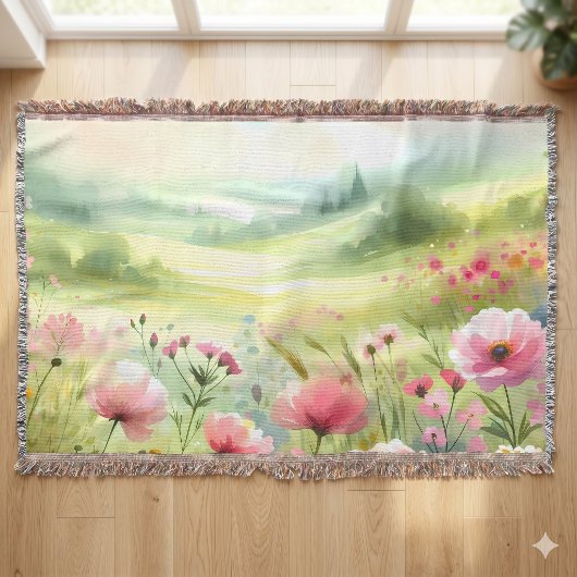 パステルカラーの野の花の草原風景 スローブランケット