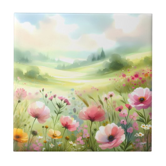 パステルカラーの野の花の草原風景 タイル (正面)