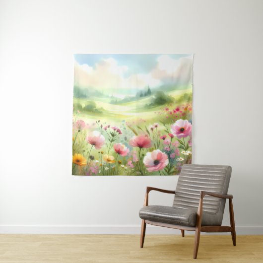 パステルカラーの野の花の草原風景 タペストリー (インサイチュ)