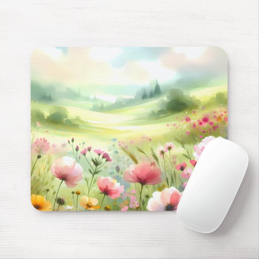 パステルカラーの野の花の草原風景 マウスパッド (マウス)