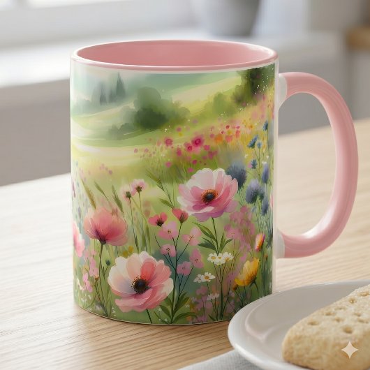 パステルカラーの野の花の草原風景 マグカップ