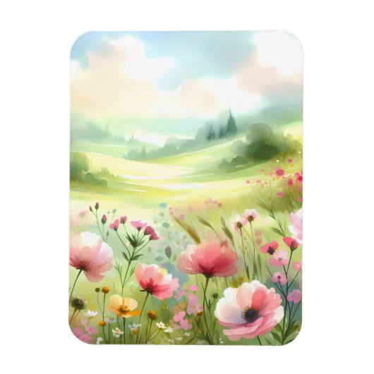 パステルカラーの野の花の草原風景 マグネット (縦)