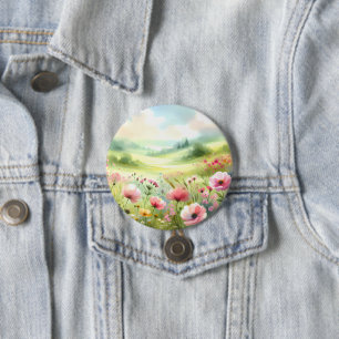 パステルカラーの野の花の草原風景 缶バッジ