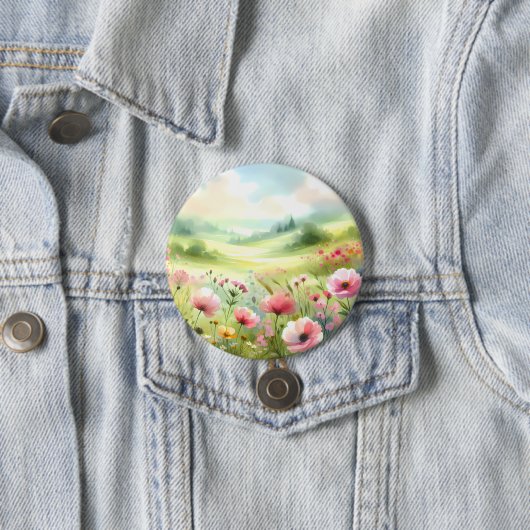 パステルカラーの野の花の草原風景 缶バッジ (インサイチュ)