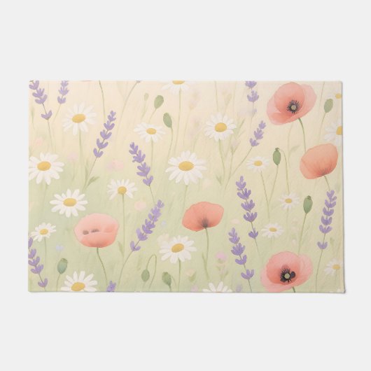 パステルカラーの野の花の草原 ソフトブルーム ドアマット (正面)