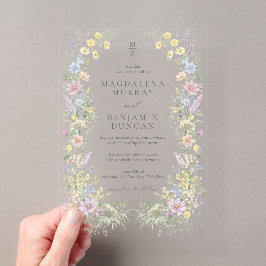パステルカラーの野の花 レジェンシー様式のフラワーガーデンウェディング アクリル招待状