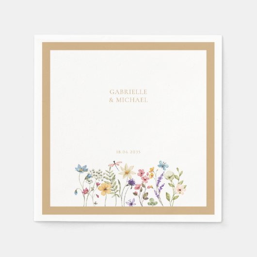 パステルカラーの野の花 結婚式 ベージュの縁取り スタンダードカクテルナプキン (正面)