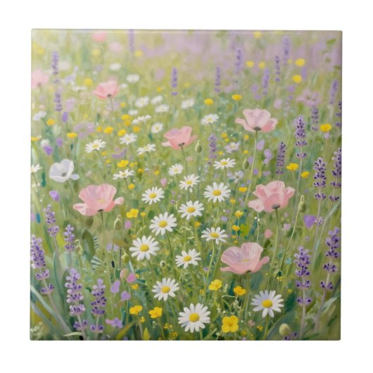パステルカラーの野花の草原の絵 タイル (正面)