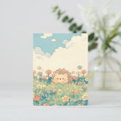 パステルカラーの野花の草原 かわいいハリネズミ ポストカード (スタンド正面)