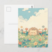 パステルカラーの野花の草原 かわいいハリネズミ ポストカード (正面/裏面)