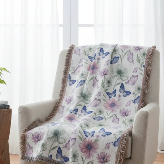 パステルカラーの静かな紫色の蝶の庭の芸術 スローブランケット