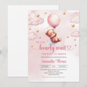 パステルカラーの風船を持つミニマリストのテディベアの女の子のシャワー 招待状 (正面/裏面)
