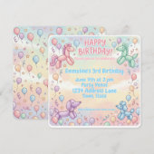 パステルカラーの風船動物 誕生日の女の子 招待状 (正面/裏面)