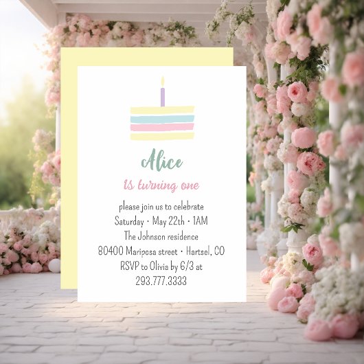 パステルカラーの黄色のケーキ 1歳の誕生日パーティー 招待状