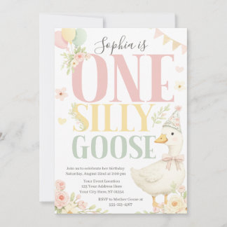 パステルカラーの「One Silly Goose」ファーストバースデー招待状 招待状