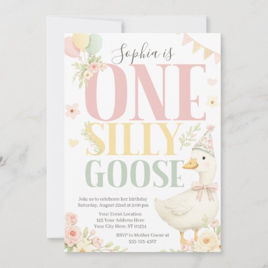 パステルカラーの「One Silly Goose」ファーストバースデー招待状 招待状 (正面)