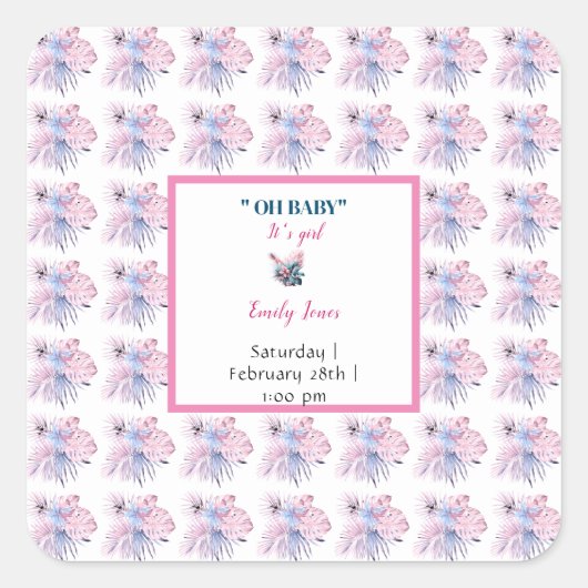 パステルカラーエレガントピンクのトロピカルオ赤ちゃんシャワー スクエアシール (正面)