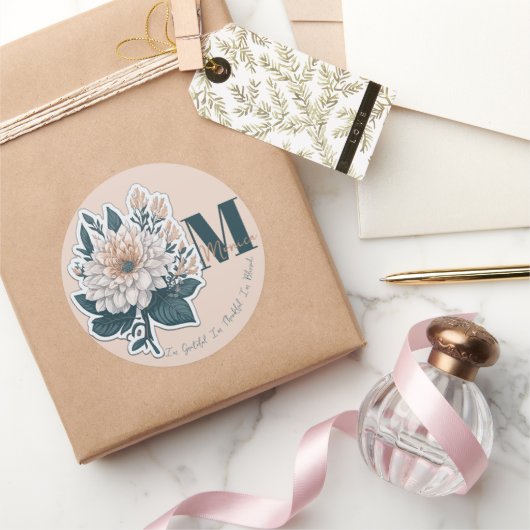 パステルカラーフラワーモノグラムステッカー ラウンドシール (ギフト)