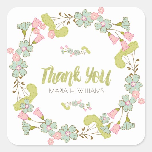 パステルカラーフローラリースサンキューテンプレート スクエアシール (正面)