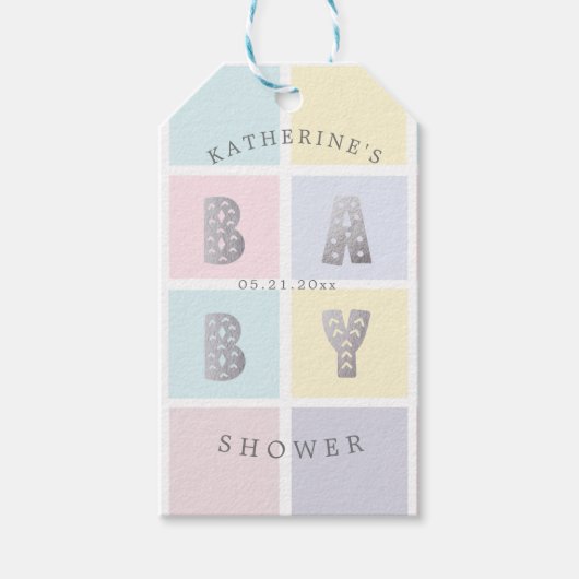 パステルカラーブロックシルバーベビーシャワーギフトラベル ギフトタグ (正面)